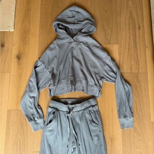 ALO Yoga Gray Ribbed Hoodie and Jogger Set